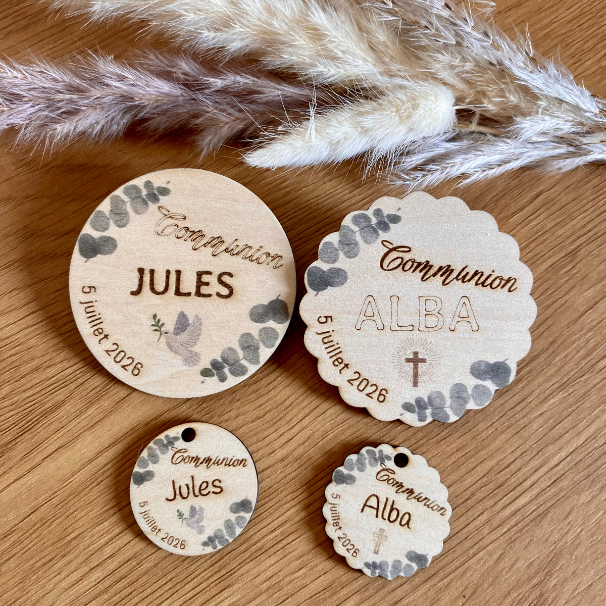 Collection communion ou première communion thème floral eucalyptus - Magnet, étiquette, marque-place, carte cadeau filleule, carte cadeau marraine parrain