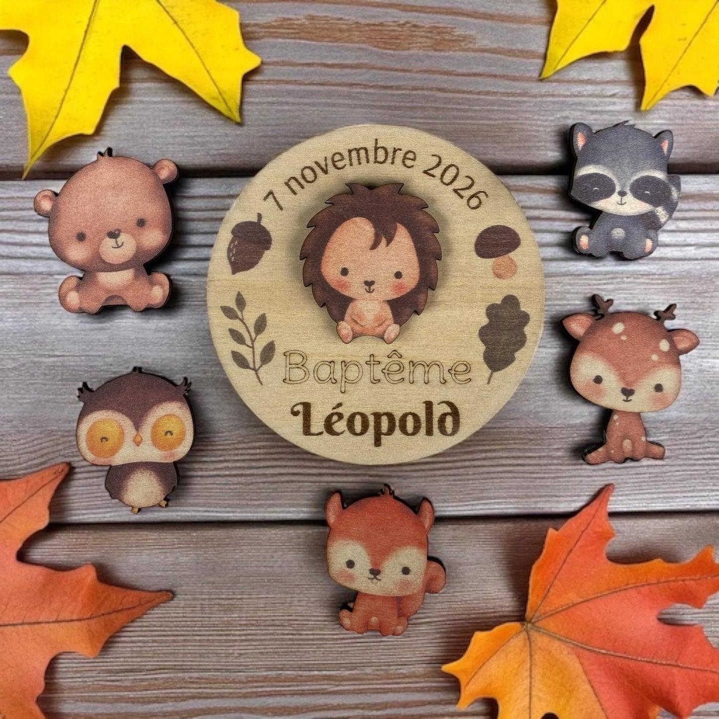 Magnet en Bois Personnalisé – Cadeau Invité Baptême Animaux de la Forêt