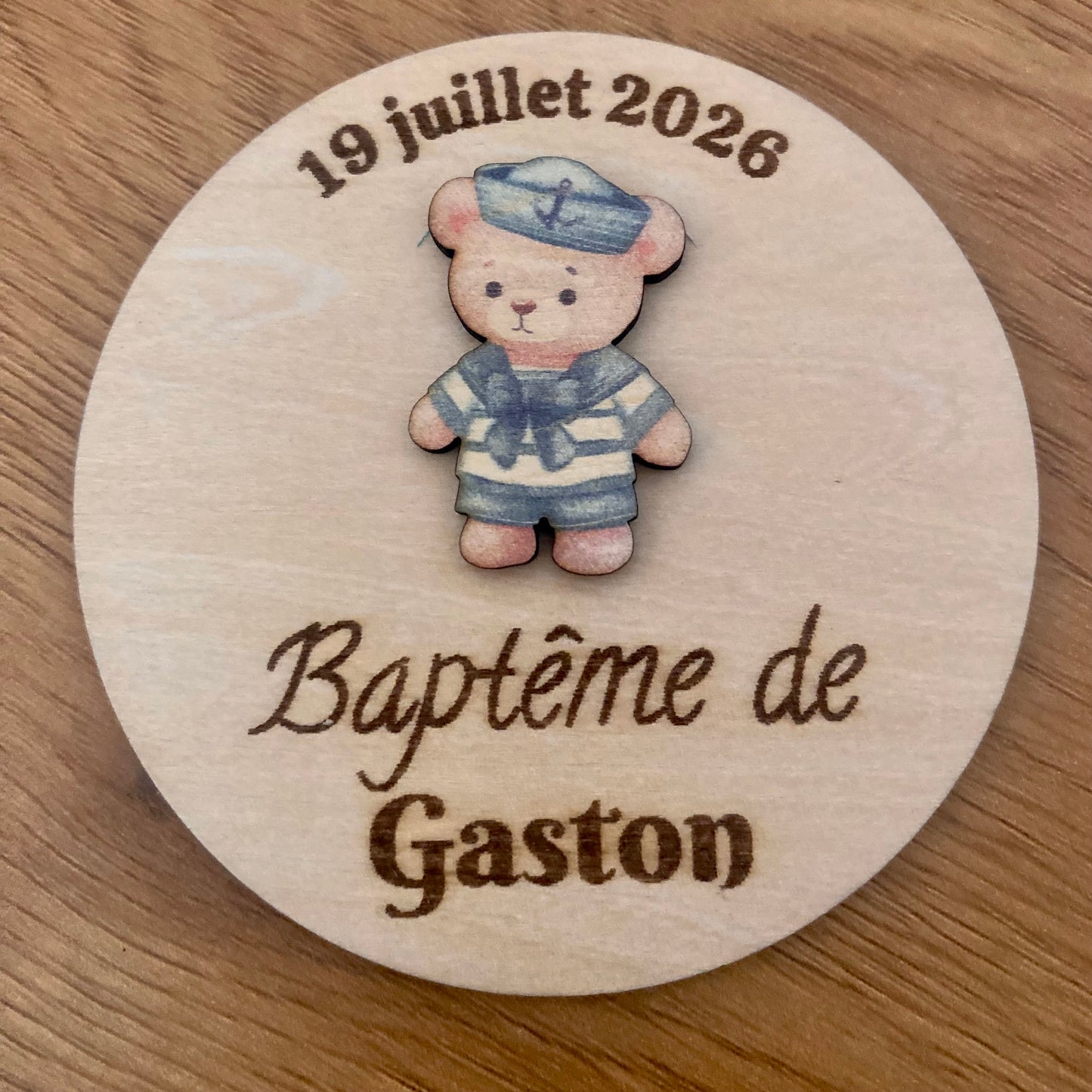 Marque-Place et magnet baptême Marin – Souvenir en Bois Personnalisé