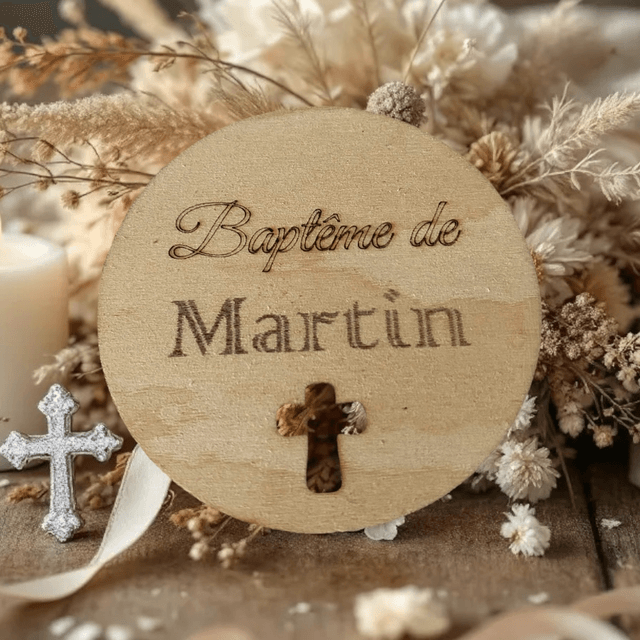 Cadeaux invités baptême en bois. Croix ou médaillons à personnaliser