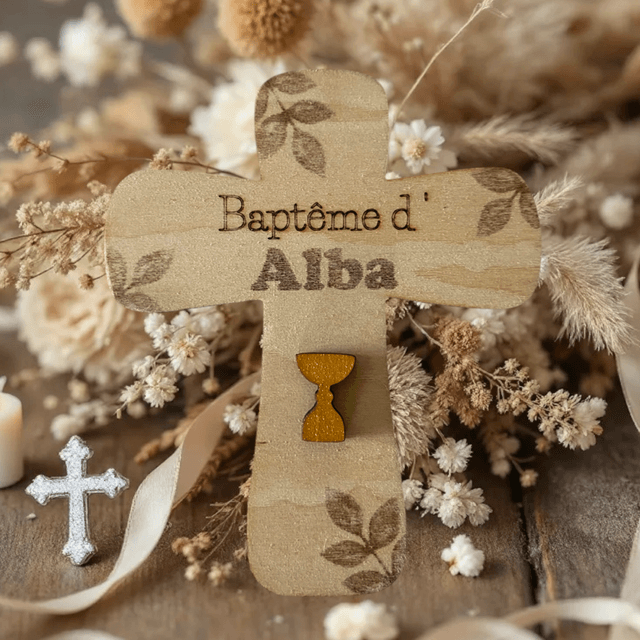 Cadeaux invités baptême en bois. Croix ou médaillons à personnaliser