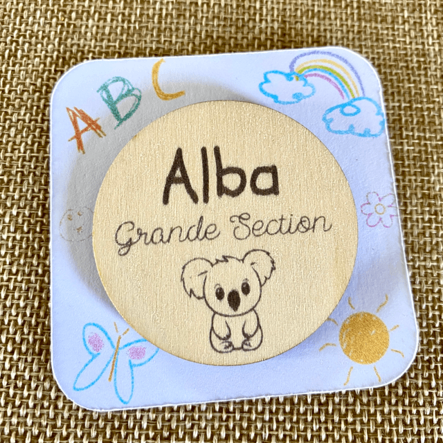 Badge rentrée scolaire en bois - badge personnalisable prénom enfant