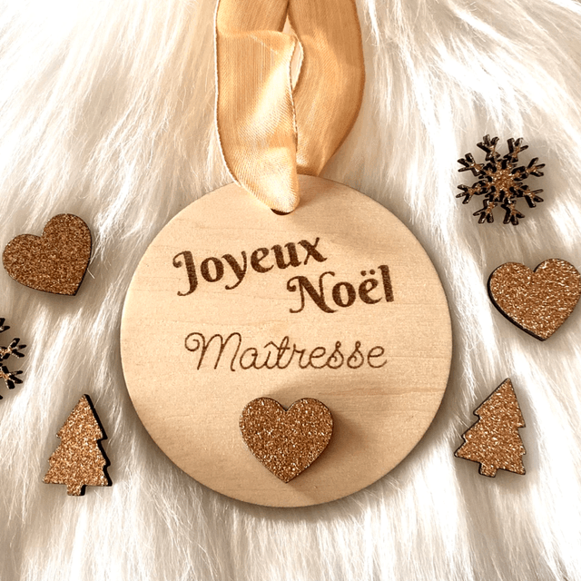 Boule de Noël en bois pour nounou ou maîtresse