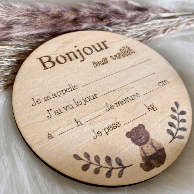 Carte de naissance en bois à remplir - Modèle Bonjour