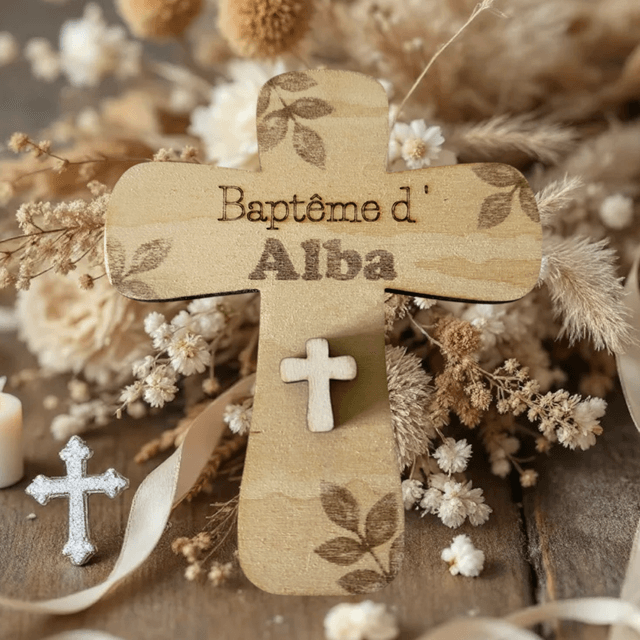 Cadeaux invités baptême en bois. Croix ou médaillons à personnaliser