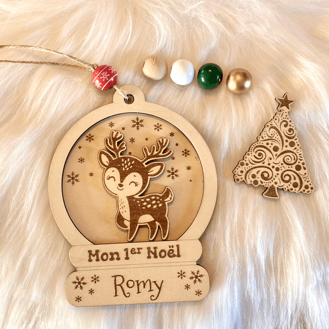 Boule de Noël personnalisée "Mon Premier Noël" – Bois gravé avec prénom et personnage au choix