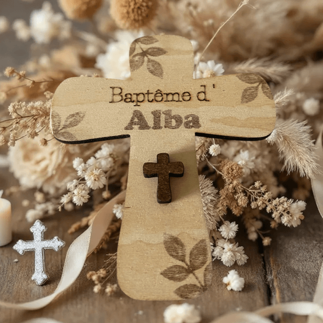 Cadeaux invités baptême en bois. Croix ou médaillons à personnaliser