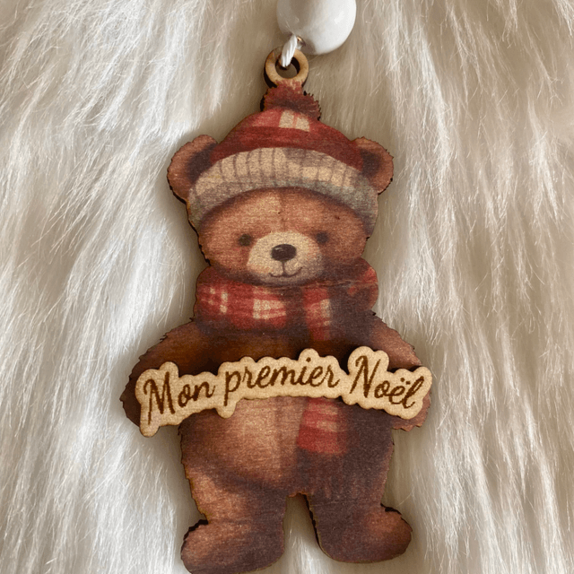 Suspension de Noël personnalisée – Motif ourson ou lutin + prénom ou "Mon Premier Noël 