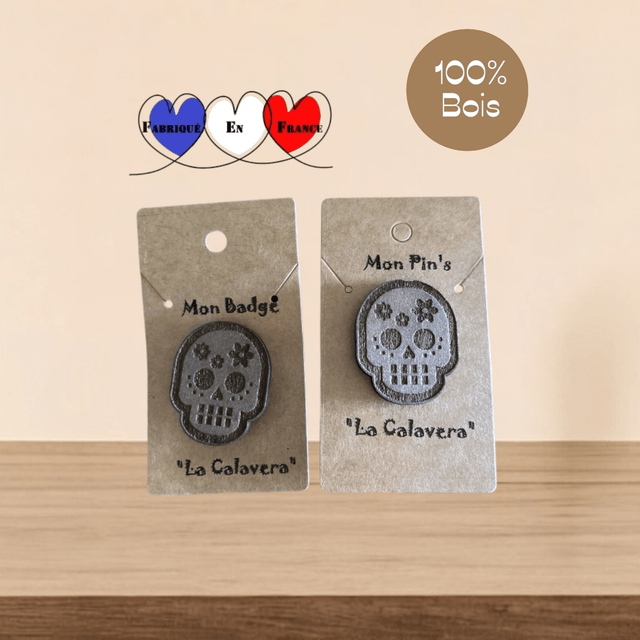 Badge ou pin's en bois gravé - La calavera