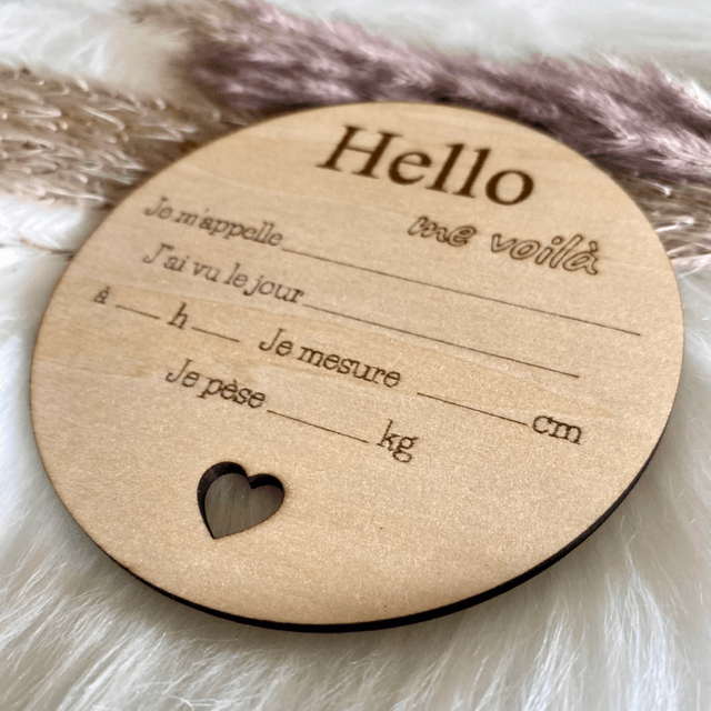 Carte de naissance en bois à remplir - Carte bébé bois modèle Hello