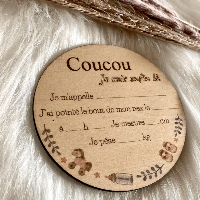Carte de naissance en bois à remplir - Carte bébé bois modèle Coucou