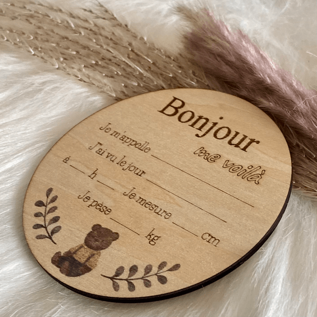 Carte de naissance en bois à remplir - Modèle Bonjour