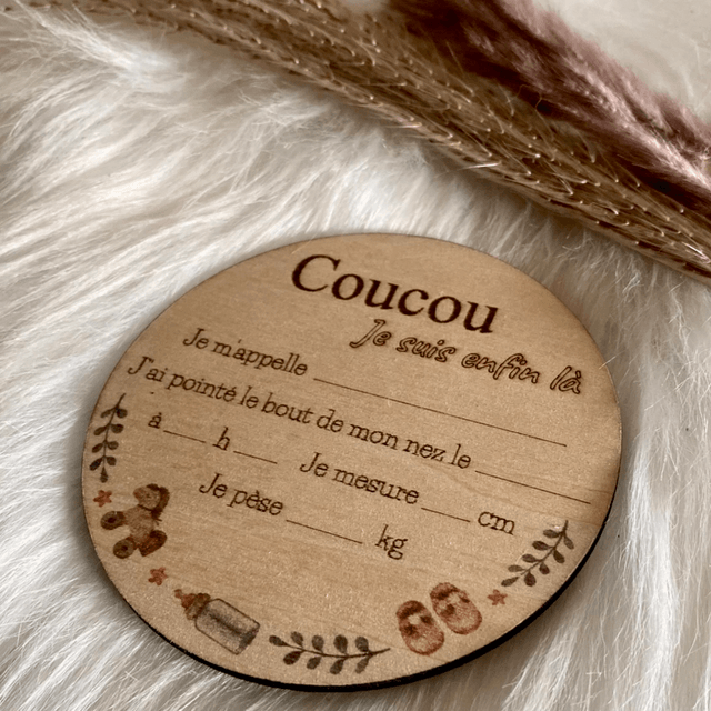 Carte de naissance en bois à remplir - Carte bébé bois modèle Coucou