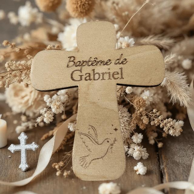 Cadeaux invités baptême en bois. Croix ou médaillons à personnaliser