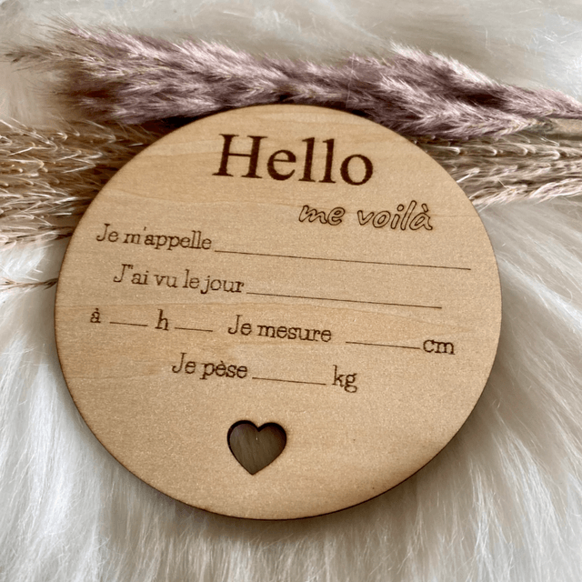 Carte de naissance en bois à remplir - Carte bébé bois modèle Hello