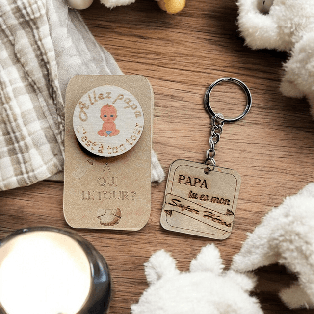 Porte-clés personnalisé en bois + Jeton de décision en bois pile ou face  &quot;A qui le tour ?