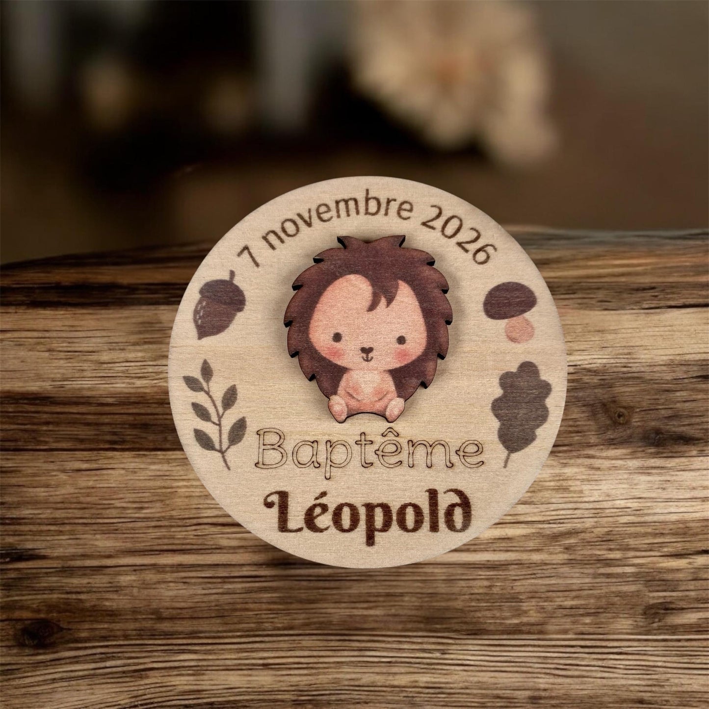 Cadeau invité baptême animaux de la forêt en bois gravé  modèle hérisson