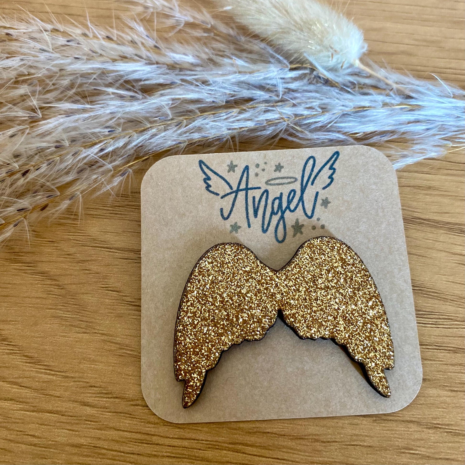 Broche ange en bois avec finition vinyle pailleté