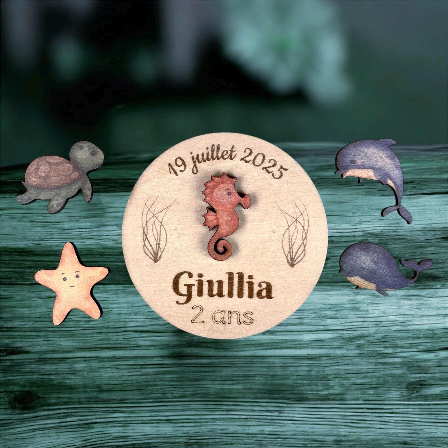 Magnet en Bois Personnalisé – Thème Animaux Marins (Anniversaire & Baptême)