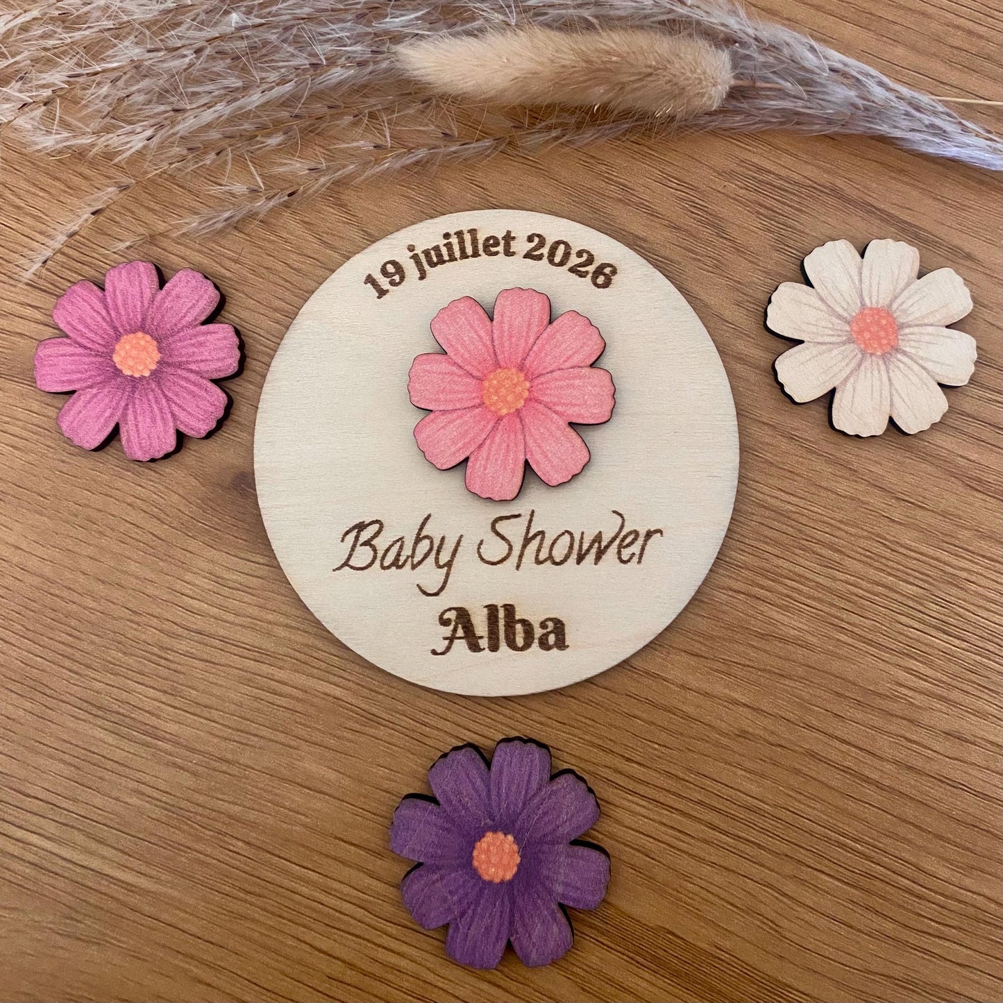 Marque-Place ou magnet Fleur Personnalisé – Souvenir Baptême & Baby Shower