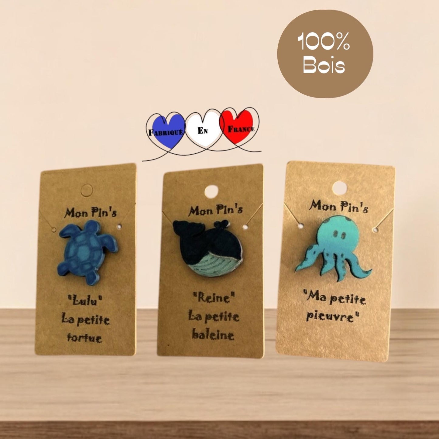 Pin's en Bois Animaux de la Mer – Badge au Choix pour Cartable