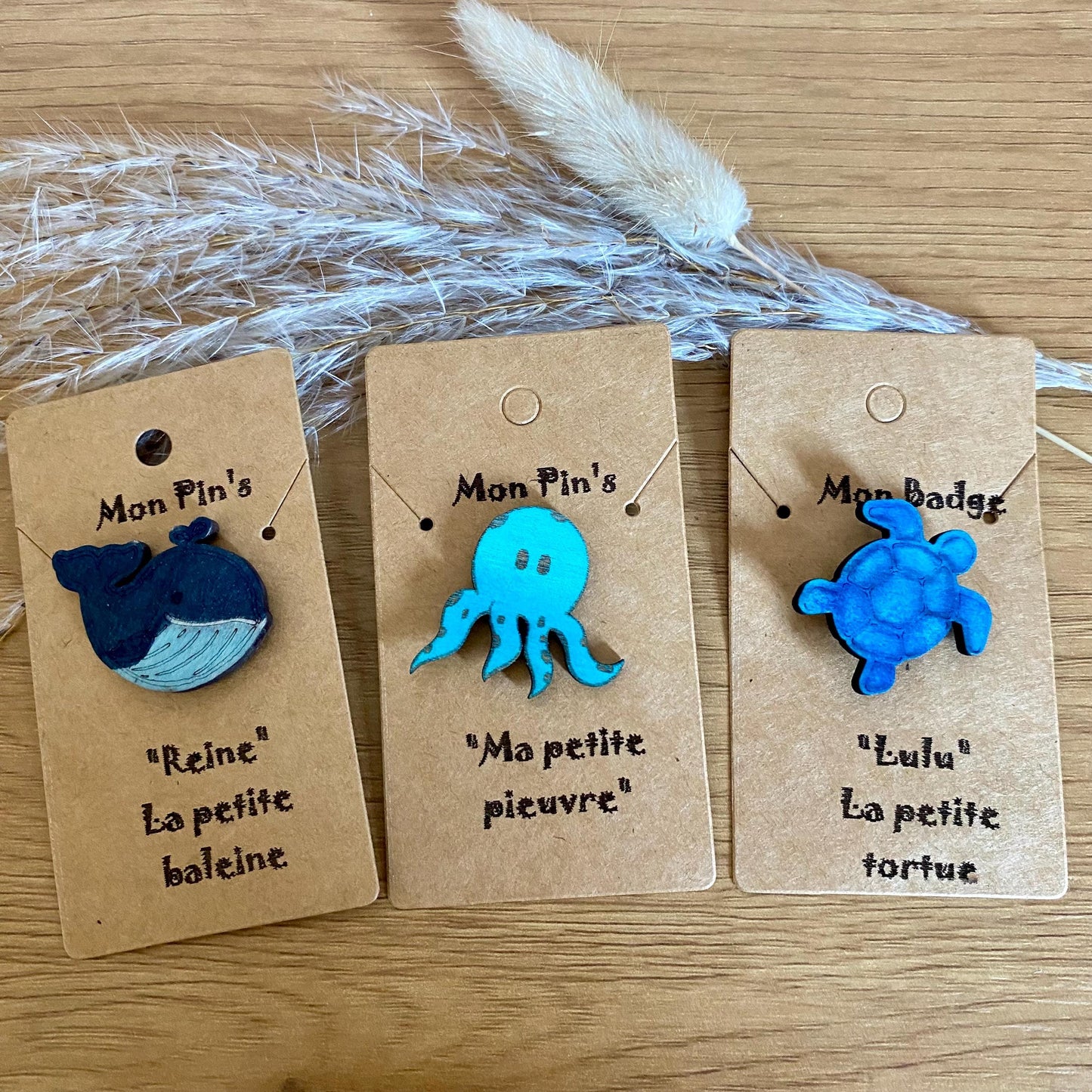 Pin's en Bois Animaux de la Mer – Badge au Choix pour Cartable