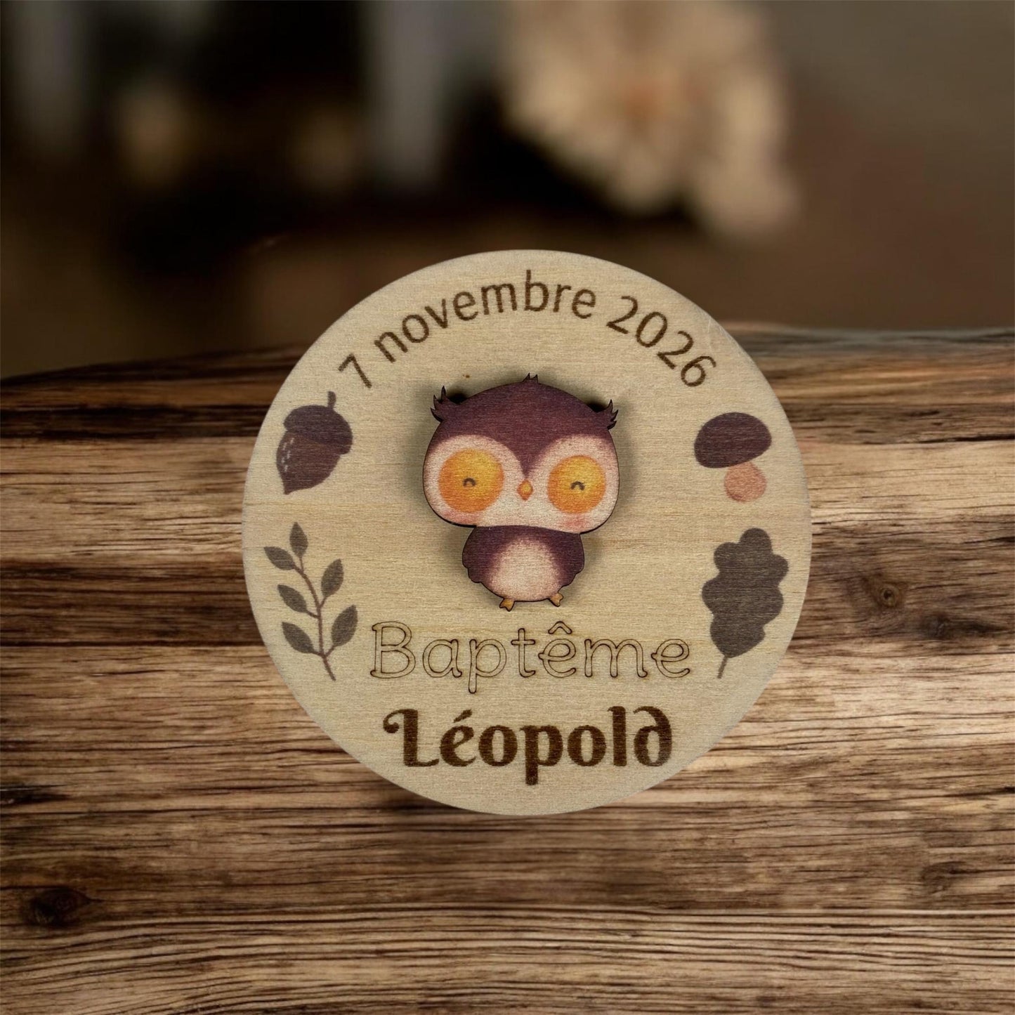 Magnet bois personnalisé motif hibou pour événement