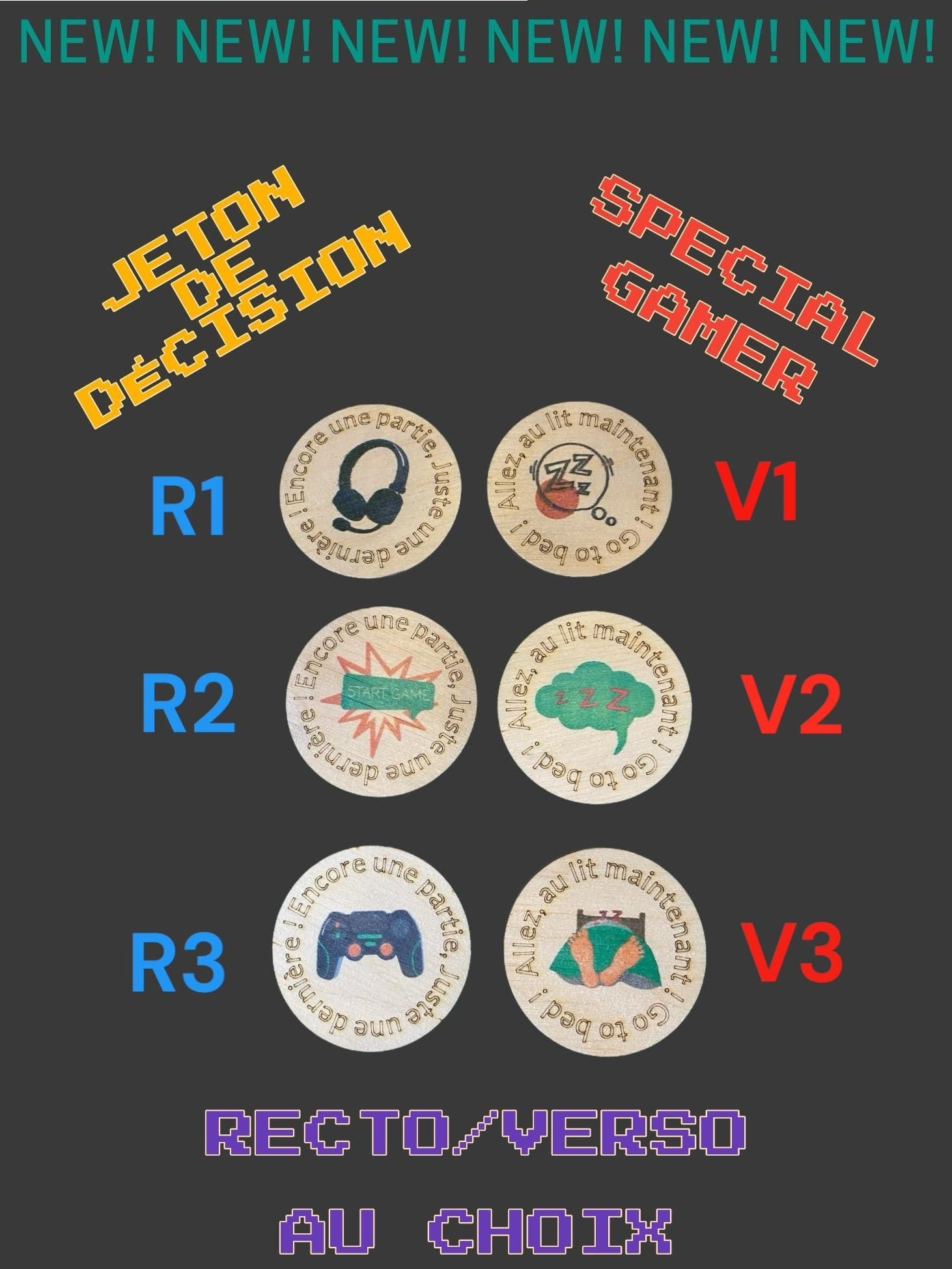 présentation des diffèrents modèles de jetons de décision gamer recto verso