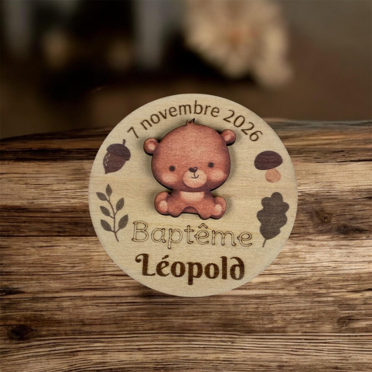 Magnet baptême en bois motif ourson personnalisé