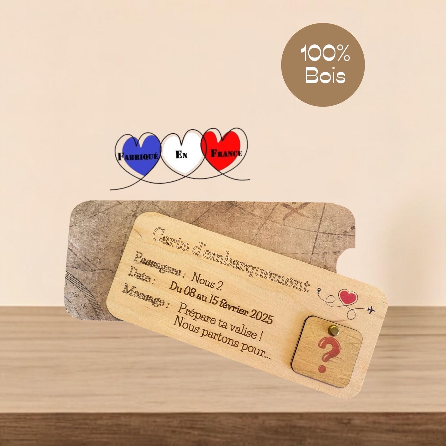 Carte d'Embarquement en Bois Personnalisée - Cadeau voyage et surprise