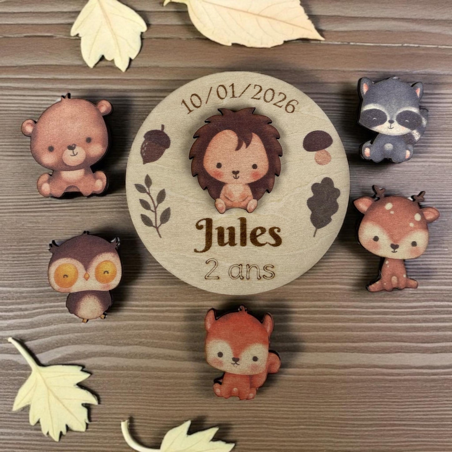 Magnet en Bois Personnalisé – Thème Animaux de la Forêt