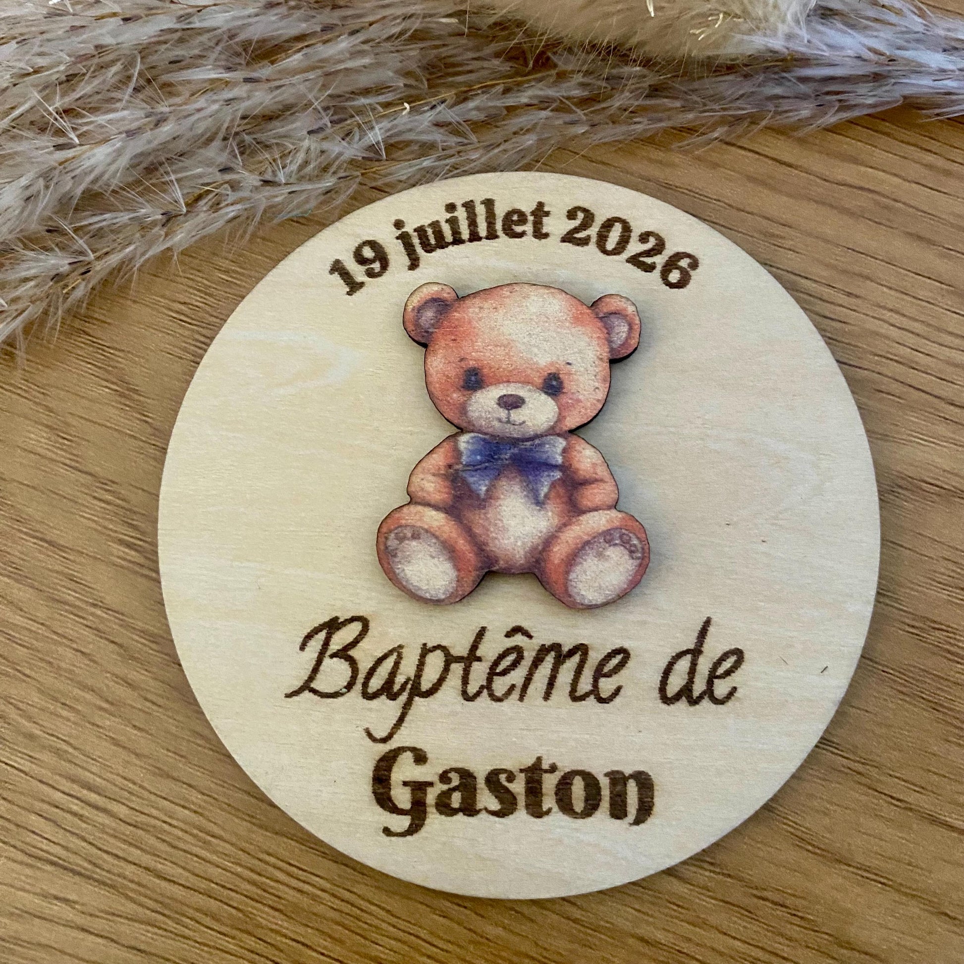 Cadeau invité baptême magnet bois motif ourson