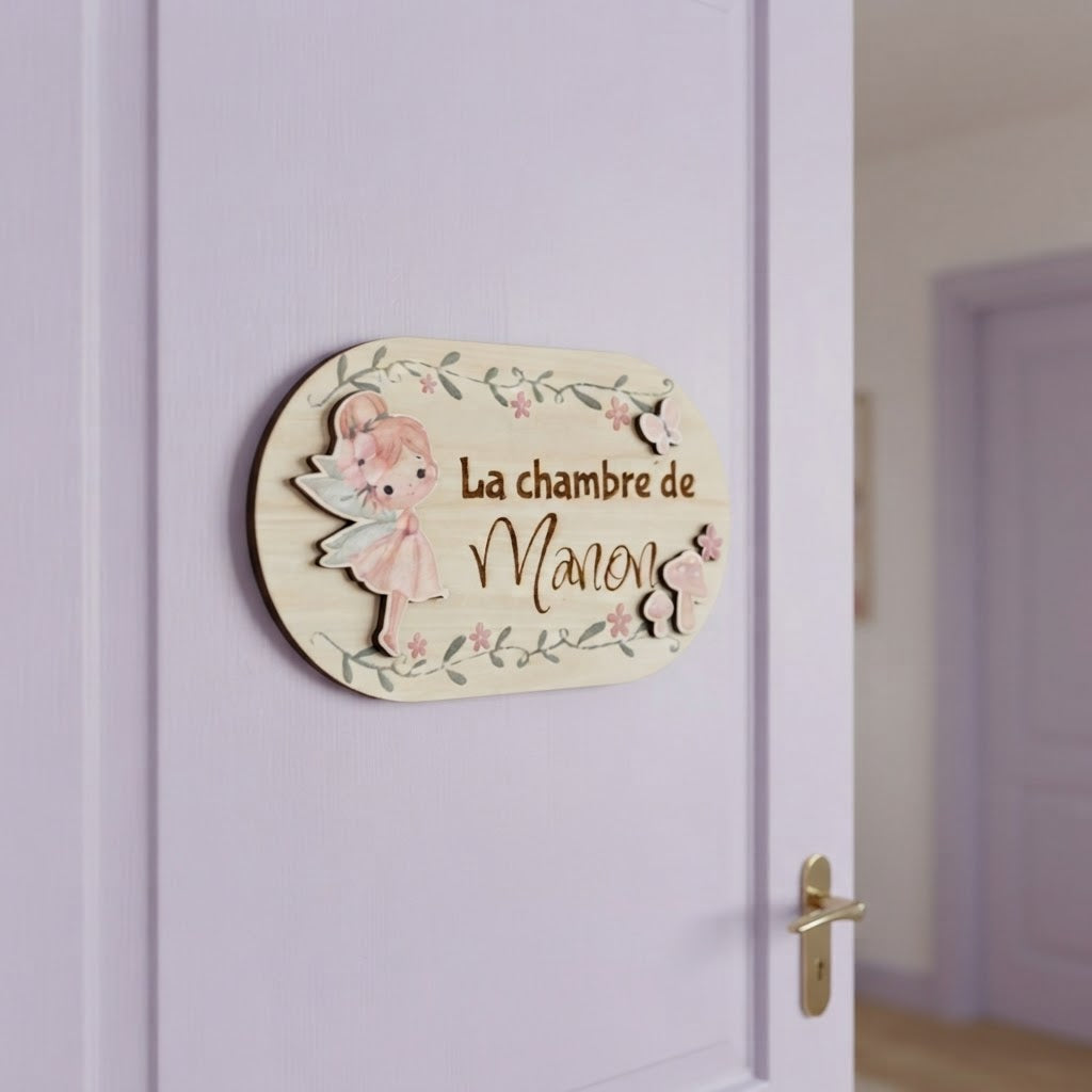 Plaque de Porte Fée en Bois Personnalisée – La Magie au Bout des Doigts