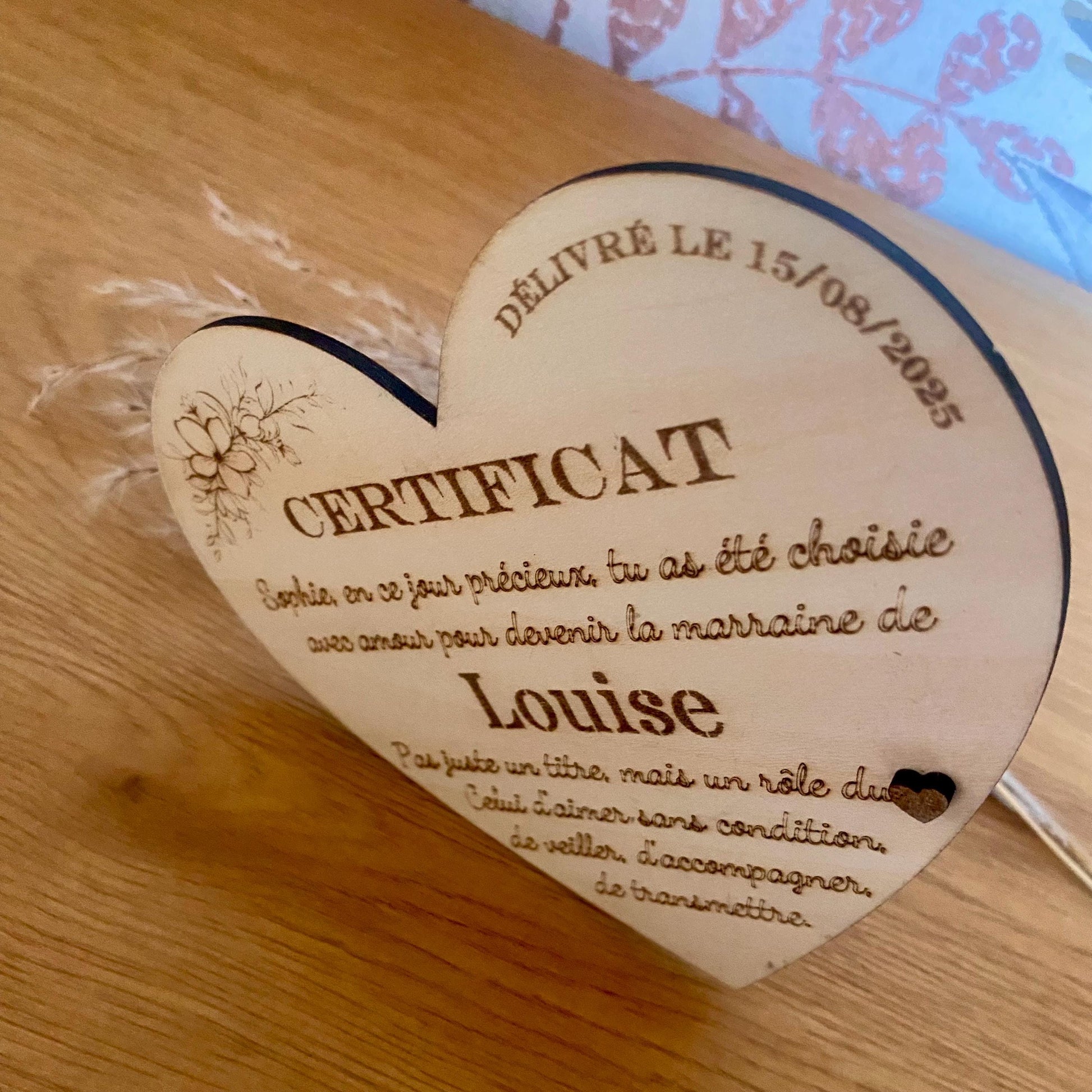 Aimant cœur en bois grand format pour décoration de marraine