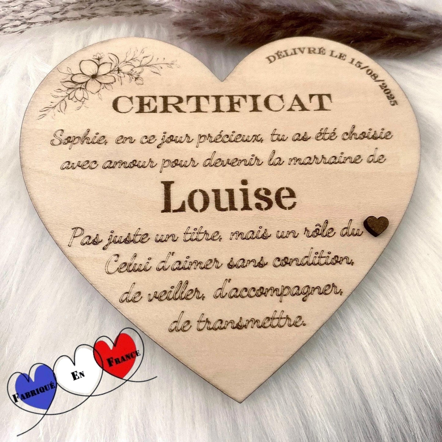 Certificat de marraine original en bois naturel fait main
