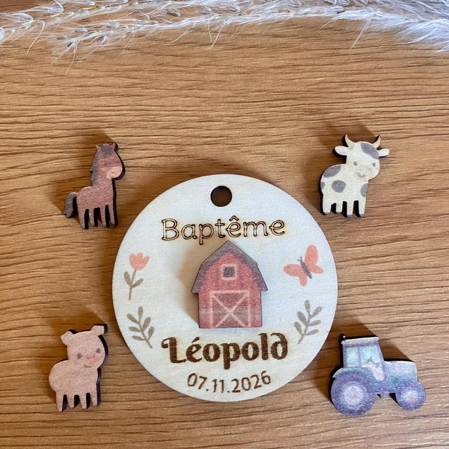 grandes tiquettes relief en bois, theme de la ferme pour baptême, anniversaire