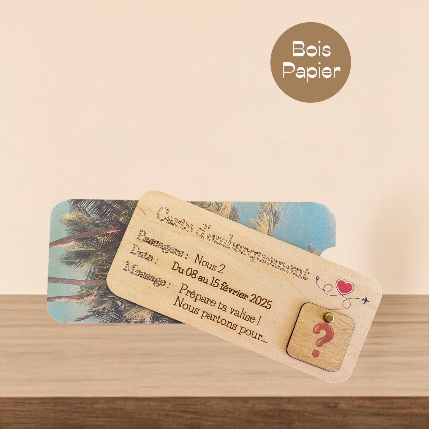 Carte d'Embarquement en Bois Personnalisée - Cadeau voyage et surprise