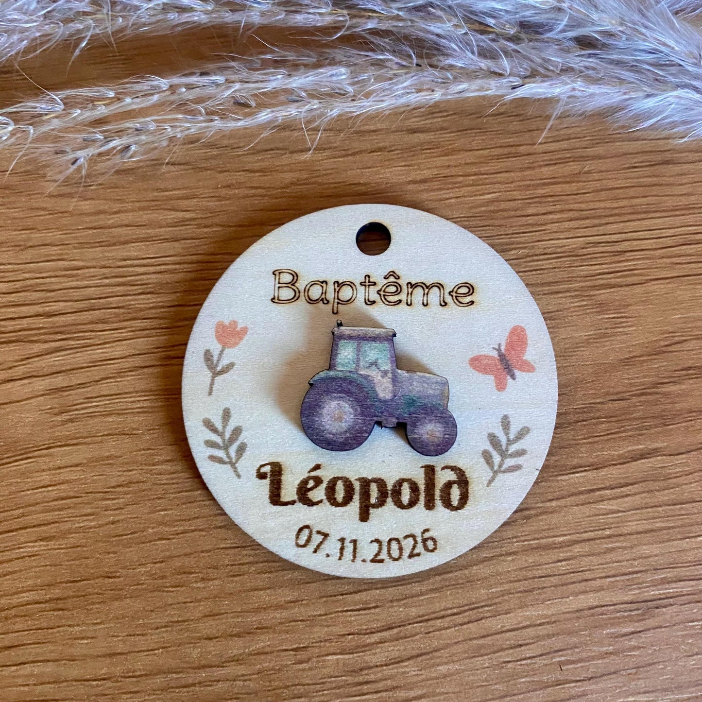 grandes tiquettes relief en bois, tracteur pour baptême, anniversaire