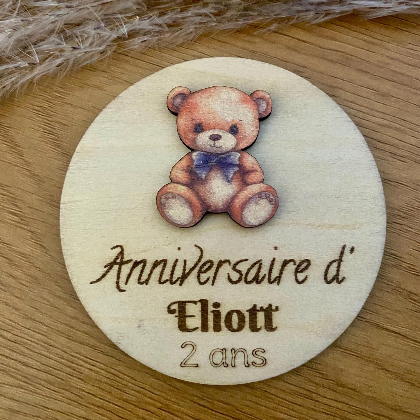 Cadeau invité baptême magnet bois motif ourson
