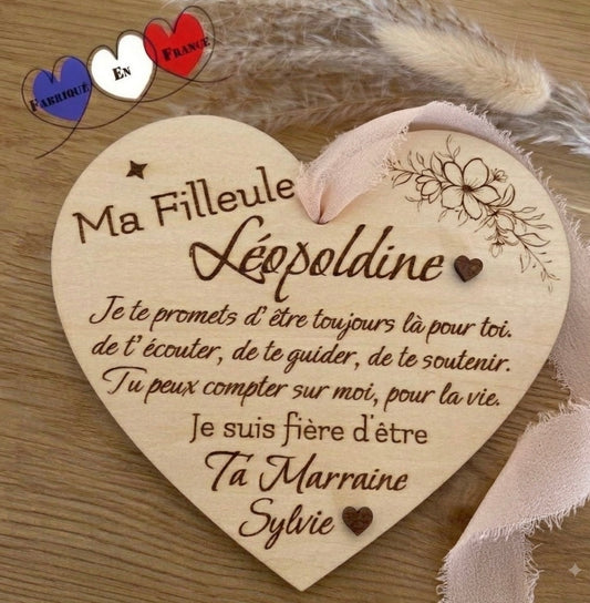 Carte Cœur en Bois – Cadeau Personnalisé (Baptême, Parrain, Marraine)