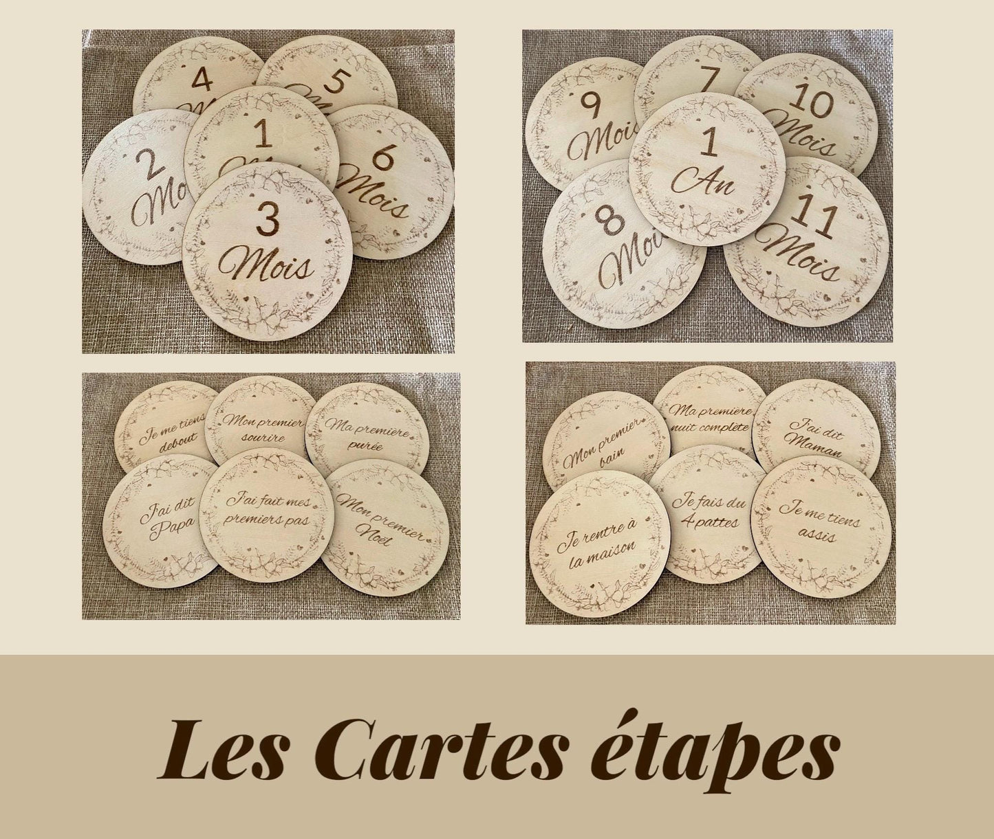 Carte Étape en Bois Fleur de Coton – Annonce Naissance Prénom