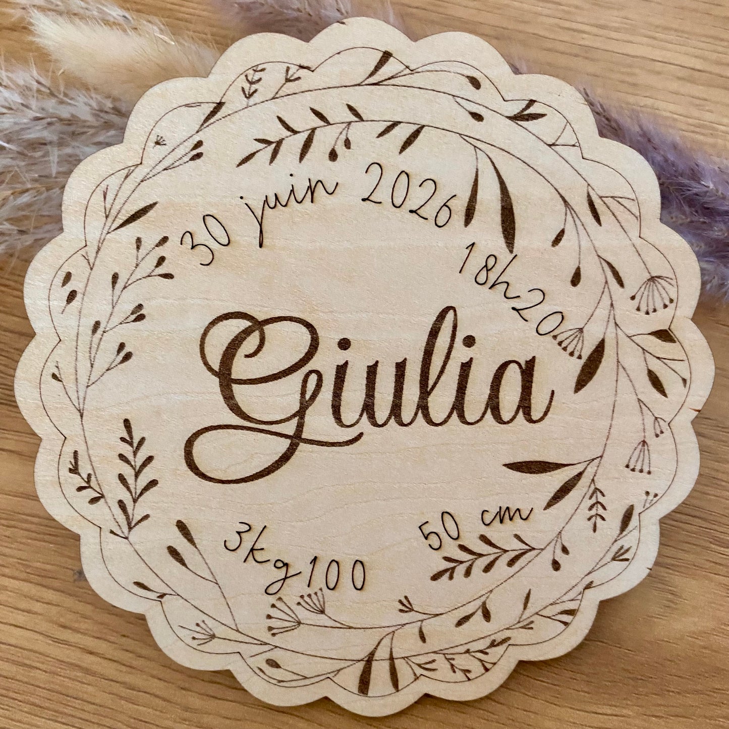 Carte en bois annonce naissance avec poids, taille date heure Faire part bois motif floral