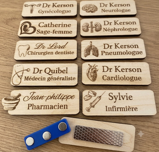 Badge en bois pour métiers médicaux, médecin pharmacien infirmière opticien gynecologue