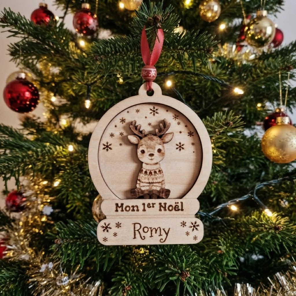 Boule de Noël personnalisée en bois en forme de globe à neige avec un renne gravé, l'inscription "Mon 1er Noël" et le prénom "Romy", suspendue par un ruban rouge.