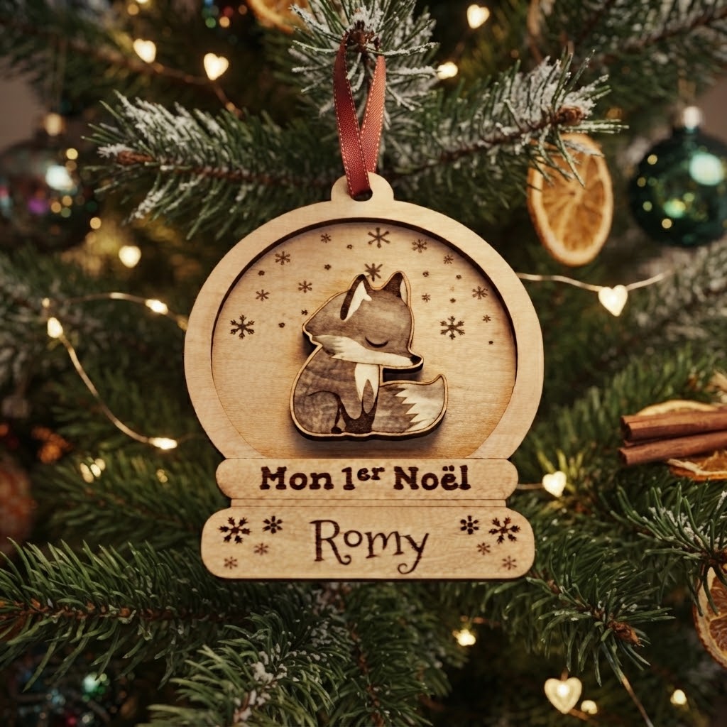 Boule de Noël personnalisée en bois en forme de globe à neige avec un renard gravé, l'inscription "Mon 1er Noël" et le prénom de son choix ", suspendue par un ruban rouge.