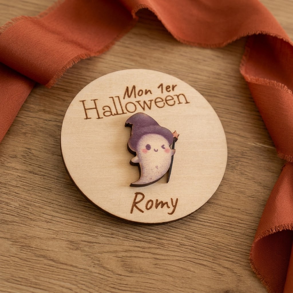 Souvenir premier Halloween bébé - Magnet bois personnalisable
