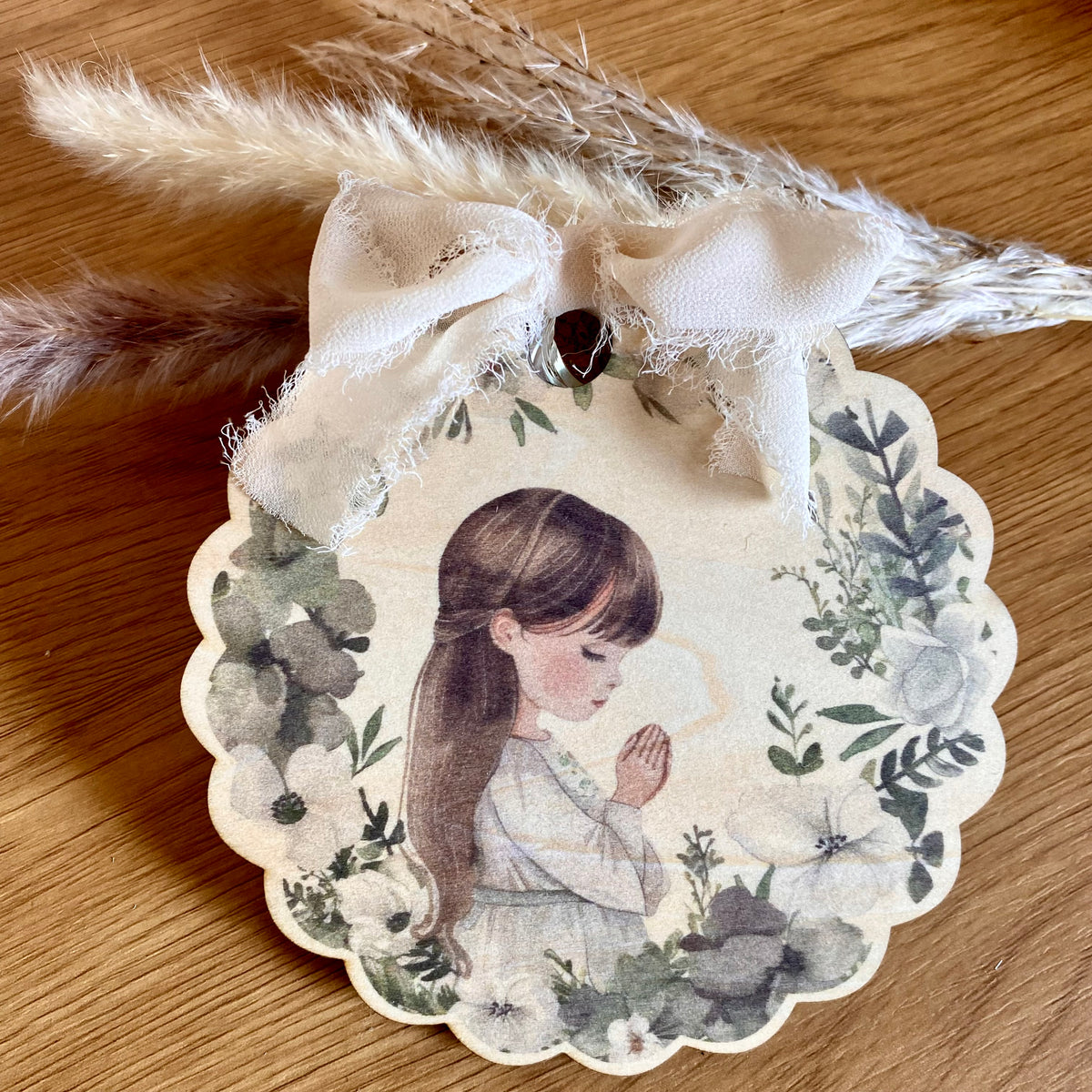 Carte filleule en bois modèle ruban beige