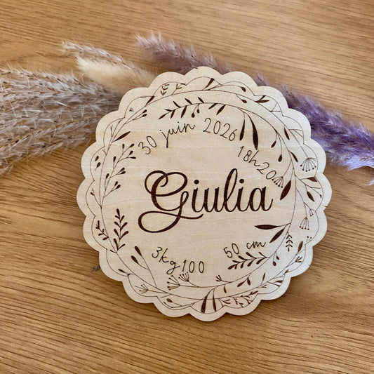 Carte en bois annonce naissance avec poids, taille date heure