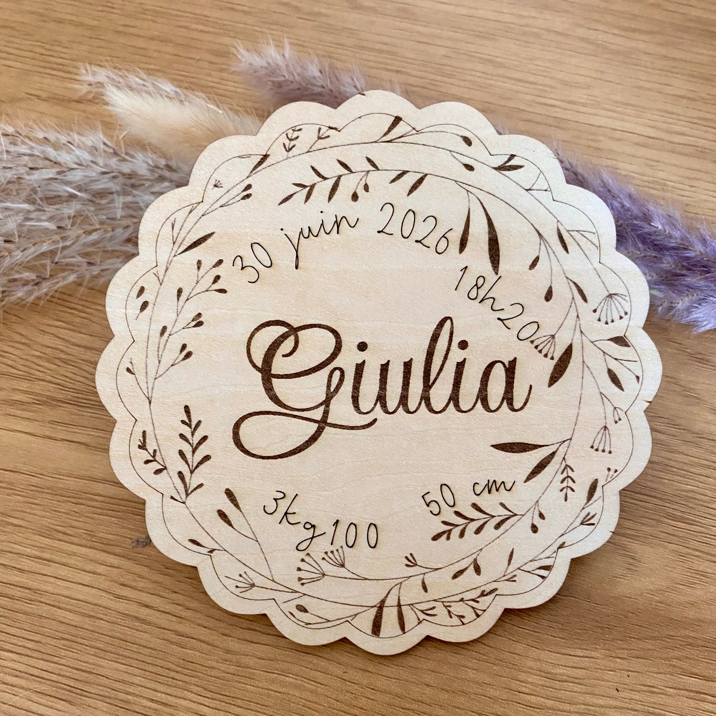 Carte en bois annonce naissance avec poids, taille date heure Faire part bois motif floral
