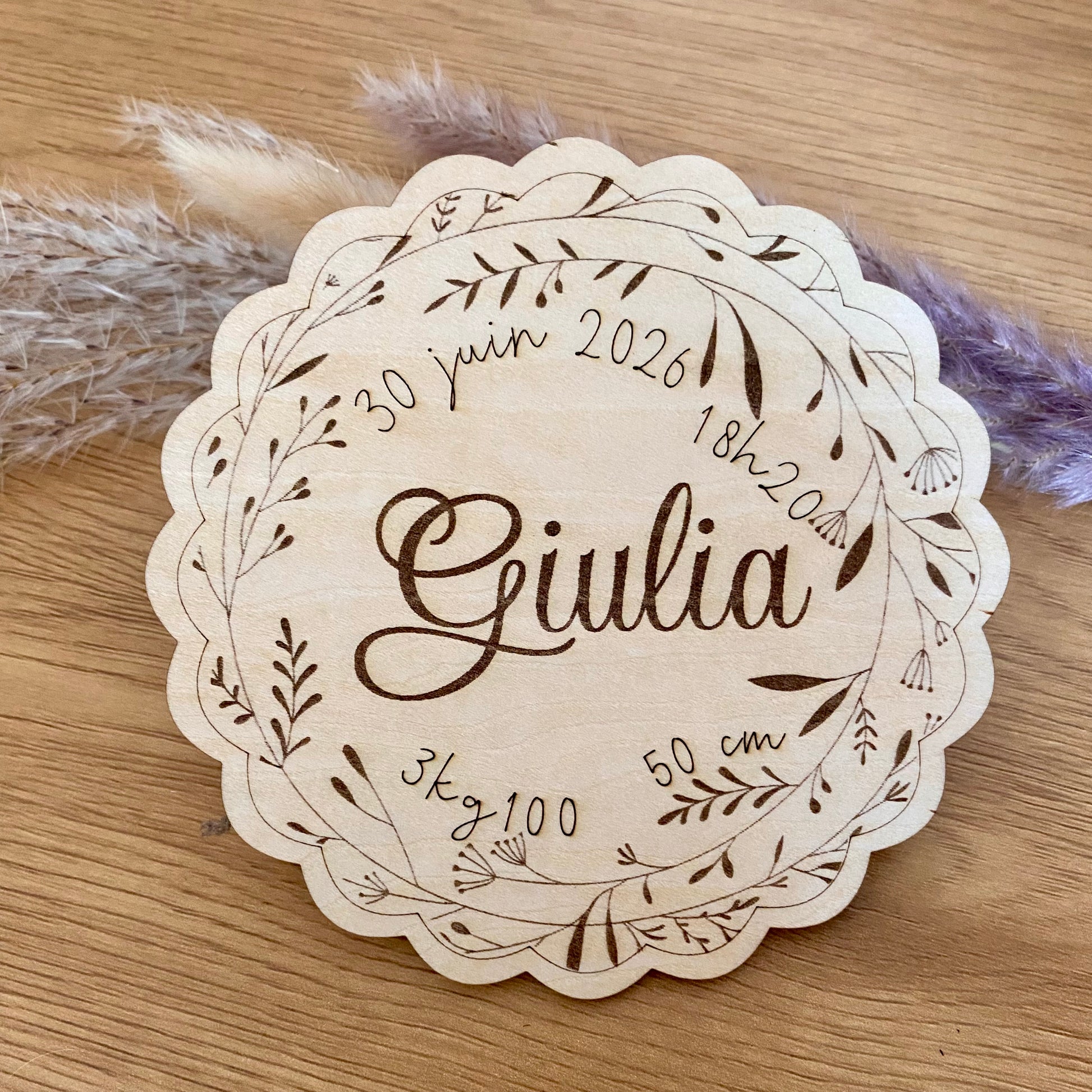 Carte en bois annonce naissance avec poids, taille date heure Faire part bois motif floral
